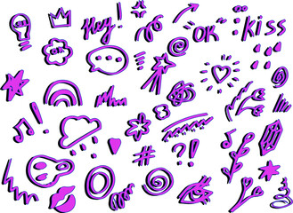 A wild, energetic black-and-white doodle page bursting with symbols &mdash; hearts, stars, kisses, eyes, and &ldquo;OK&rdquo; signs. Playful, chaotic, and full of youthful energy, this hand-drawn collection captures t