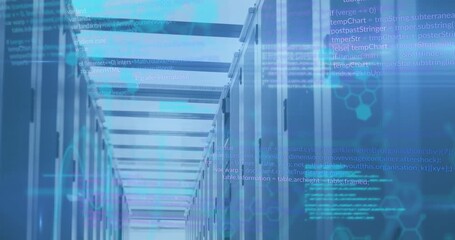 Animation of computer language and molecules structure over server room - Powered by Adobe