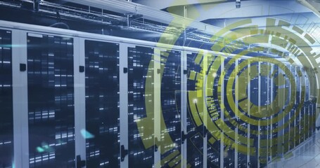 Animation of loading circles over bars on data server systems in server room - Powered by Adobe