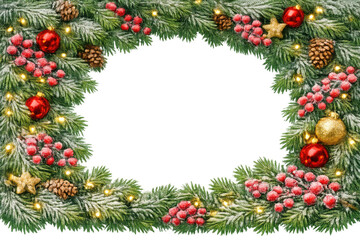 Fototapeta premium Christmas garland border forming a frame with festive pine branches, red berries, ornaments, pinecones, and lights on a transparent background