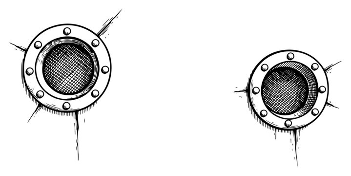 Round ship portholes with metal rivets and mesh screen sketches