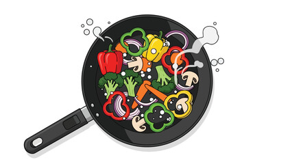 Dynamic graphic of fresh chopped vegetables saut&eacute;ing in a hot skillet for a healthy meal