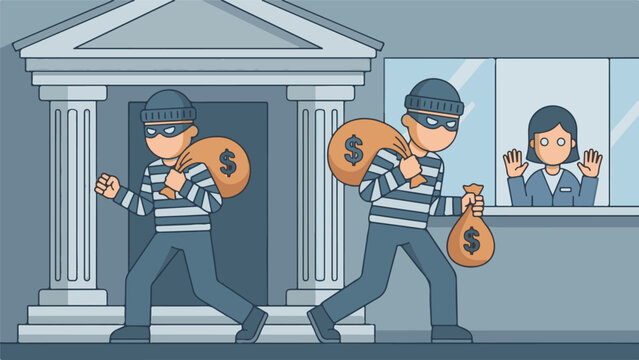 Cartoon illustration of bank robbery in progress with burglars and teller