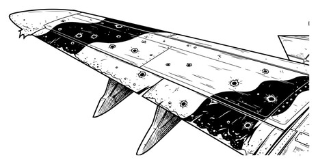 Camouflaged military airplane wing with bullet holes and battle damage in sketch style © Anna