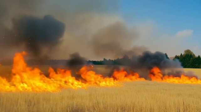 Raging Wildfire Consuming Dry Wheat Field Causing Black Smoke Plumes and Creating Dangerously Impressive Visuals on Sunny Summer Day Cinematic Clip Footage