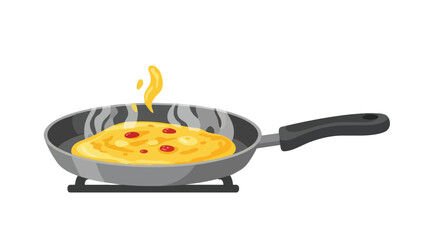 A vibrant illustration of a delicious, freshly prepared omelet cooking in a grey non-stick pan on a stovetop with steam rising, ideal for breakfast