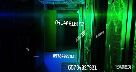 Numeric codes triggered on startup flowing across server racks, green lighting pulsing showing data - Powered by Adobe