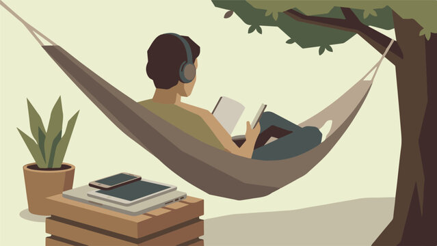 Person relaxing in hammock reading a book, with digital devices nearby
