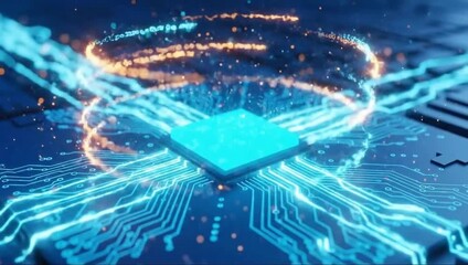 Abstract digital circuit board with glowing energy flow and central processing unit - Powered by Adobe