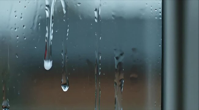 Raindrops are falling down a wet windowpane on a gloomy day outside.