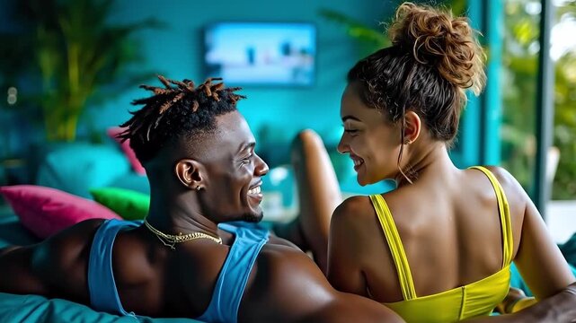 A man and a woman sitting on a couch smiling at each other