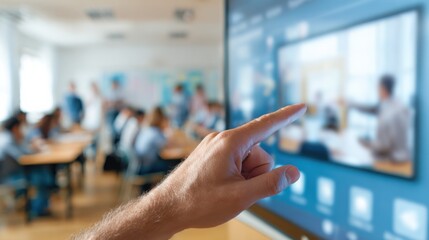 Teachers hand controlling a networked device via touchscreen panel with a softly blurred interactive board and classroom environment behind.