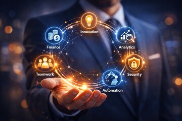 Strategic Business Growth: Innovation, Teamwork, Automation, Security, Analytics, and Finance.