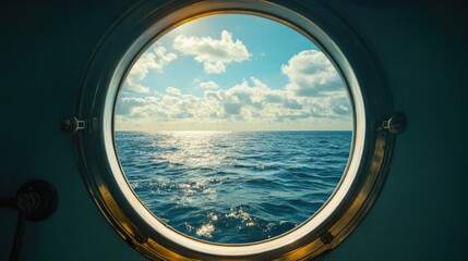 Porthole, look on the sea. Boat porthole. ship porthole or window with sea and horizon. Sea life. Sailors. Sailing.