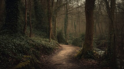 Fototapeta premium A winding dirt path disappearing into a dense, thick forest of trees under a soft, overcast sky, inviting exploration and quiet contemplation.