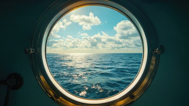 Porthole, look on the sea. Boat porthole. ship porthole or window with sea and horizon. Sea life. Sailors. Sailing.