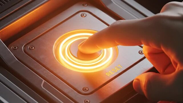 Finger presses glowing reset button metallic panel technology concept