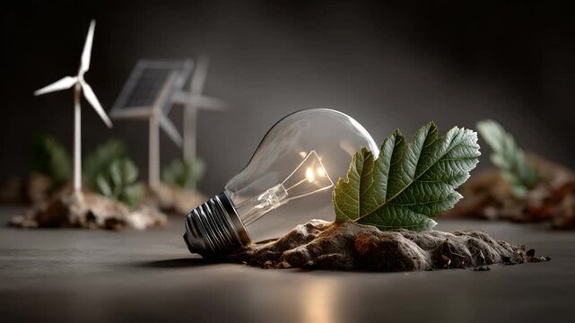 Conceptual renewable energy scene with tiny wind turbines, solar panels, and an illuminated light bulb placed on a leaf, representing green technology, environmental protection, and clean power future