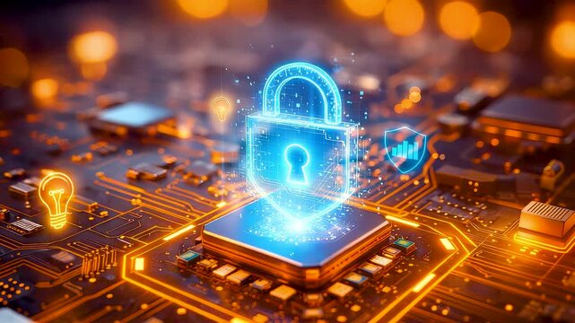 Secure data protection system with glowing digital lock on advanced circuit board showing modern encryption and high performance computing technology