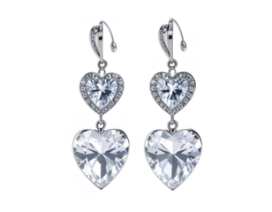 A pair of elegant 3D earrings with dangling crystal hearts,white background