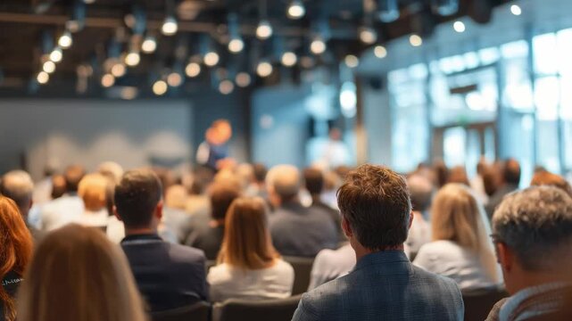 Conference attendees: The image captures a crowd of conference attendees, their attention directed towards a presentation taking place on stage, highlighting the ambiance of a professional event.