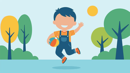 Fototapeta premium Smiling young boy in overalls playing with a ball in a park on a sunny day