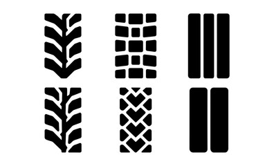 Set of six different black tire tread patterns on a white background