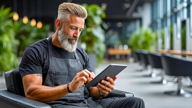 A man sitting in a chair using a tablet computer
