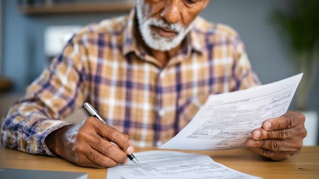 Senior man in a plaid shirt carefully reviews financial documents at a wooden desk, focusing on important paperwork. He holds a pen, ready to sign or make notes as needed