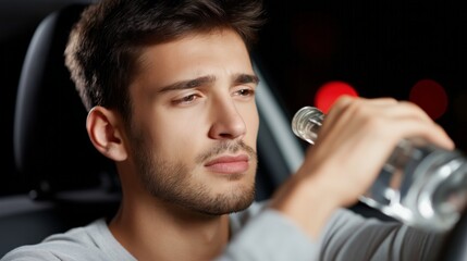 A man appears lost in thought as he holds a bottle of alcohol tightly in one hand while sitting in the driver's seat of a car late at night