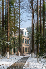 The shady paths after the snowfall in the Mogan Mountain Scenic Area of Deqing County, Huzhou City, Zhejiang Province, China.