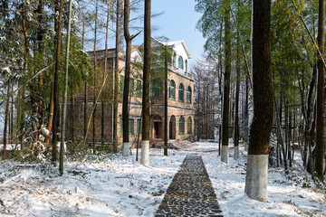 The shady paths after the snowfall in the Mogan Mountain Scenic Area of Deqing County, Huzhou City, Zhejiang Province, China.