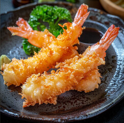 Shrimp tempura two pieces, the delicate crunch, served with a small plate of dipping sauce on the side. Dark neutral background, soft natural lighting.