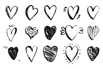 Grunge Nubes, Hand drawn Heart Icons. Scribble ink love symbols. Marker romantic doodle signs perfect for Valentines day cards, invitations, wedding, posters, web. Vector illustration