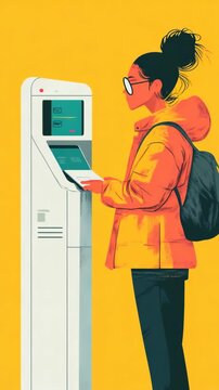 selective focus person completing transaction with face scan technology in cartoon style