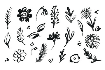Grunge Flowers in Ink. Doodle drawings of floral icons with markers and crayons for spring. Scribble and sketch messy plants perfect for Valentines day cards, invitations, wedding, posters, web