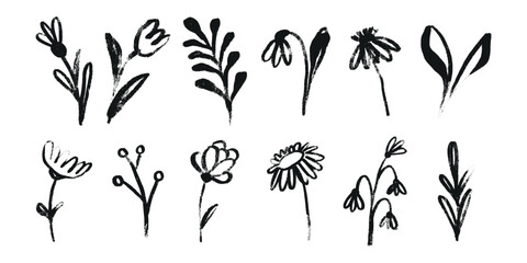 Grunge Flowers in Ink. Doodle drawings of floral icons with markers and crayons for spring. Scribble and sketch messy plants perfect for Valentines day cards, invitations, wedding, posters, web