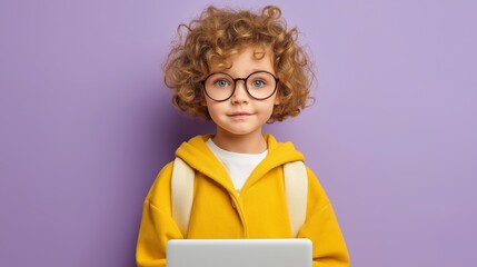 In a vibrant setting, a schoolgirl with curly hair and round glasses engages with her laptop, showcasing her excitement for learning. She is ready for class, highlighting her youthful enthusiasm