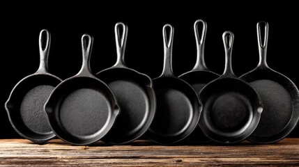 Group of cast iron skillets stands proudly on a wooden surface, their dark, textured surfaces reflecting light