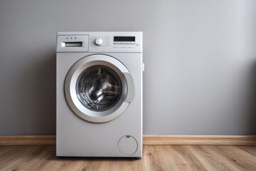 Modern silver front loading washing machine with digital display.