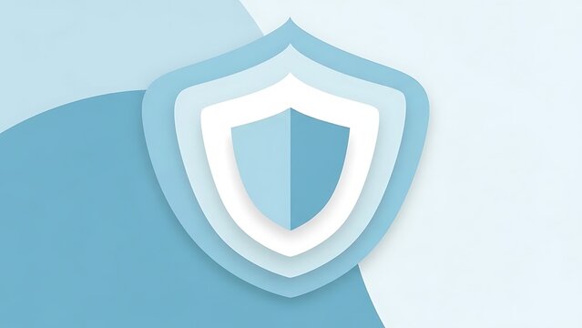 Layered shield emblem with blue and white background, representing security and protection