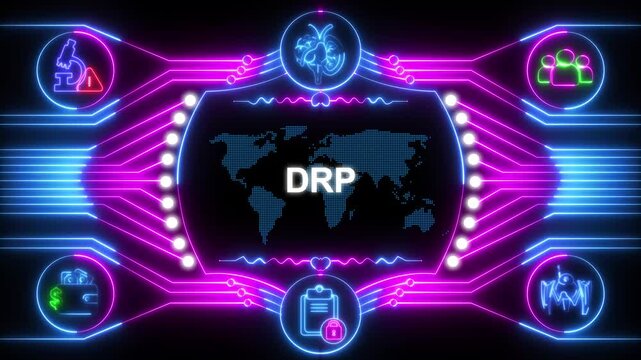Digital Networked Business DRP System with Global Connections and Teamwork Icons in Neon Futuristic Design