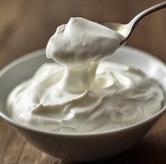 Spoon scooping thick Greek yogurt from bowl, close-up food photography