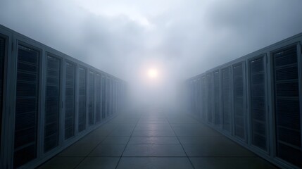 Obraz premium A mysterious and foggy corridor between rows of server racks leading to a bright light