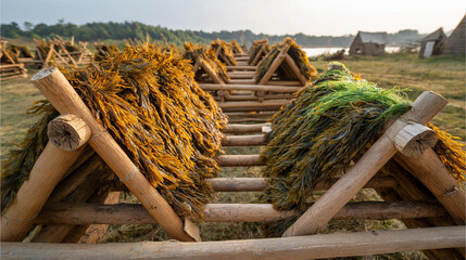 Seaweed drying racks under sun, traditional food preservation method marine vegetation, visualization cultural practice display, with copy space