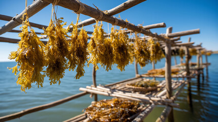Seaweed drying racks under sun, traditional food preservation method marine vegetation, visualization cultural practice display, with copy space