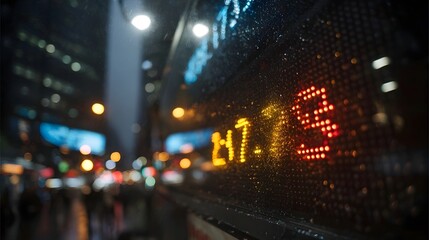 Glowing market ticker numbers on a wet screen at night in a blurred city