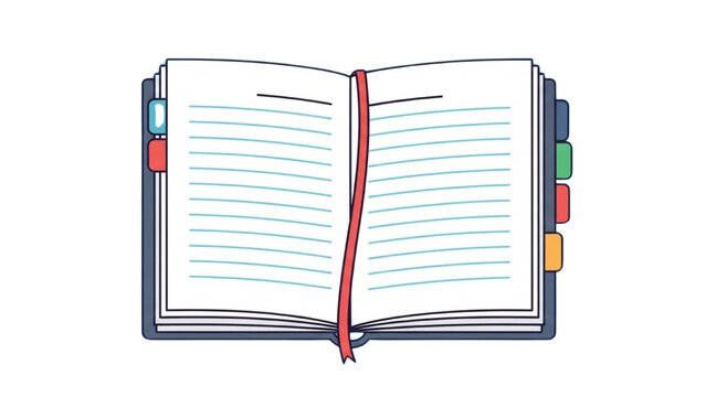 An open book with colorful tabs and a red bookmark lies on a clean white background, viewed from directly above.