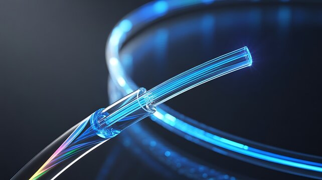 Fiber Optic Strands and Ethernet Network Cables on a Blue Background abstract connection