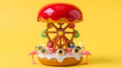 Obraz premium donut-amusement-park-ferris-wheel-flamingos-rainbow-eyes-yellow-background-surreal-food-art